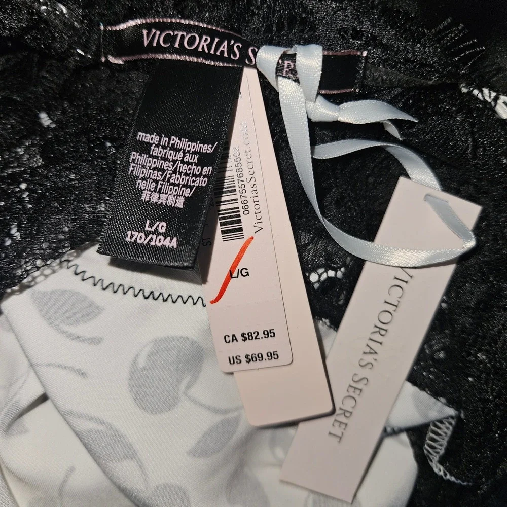 Victoria's Secret Cherry Print Lace Slip Dress Nightgown Black White NWT